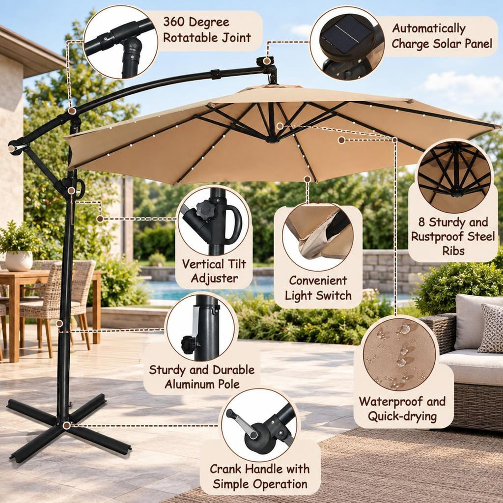 Airfind 10 ft 360° Rotation Solar Powered LED Patio Offset Umbrella without Weight Base, Steel aluminum polyester fabric Frame, 10 x 7.5 Footprint