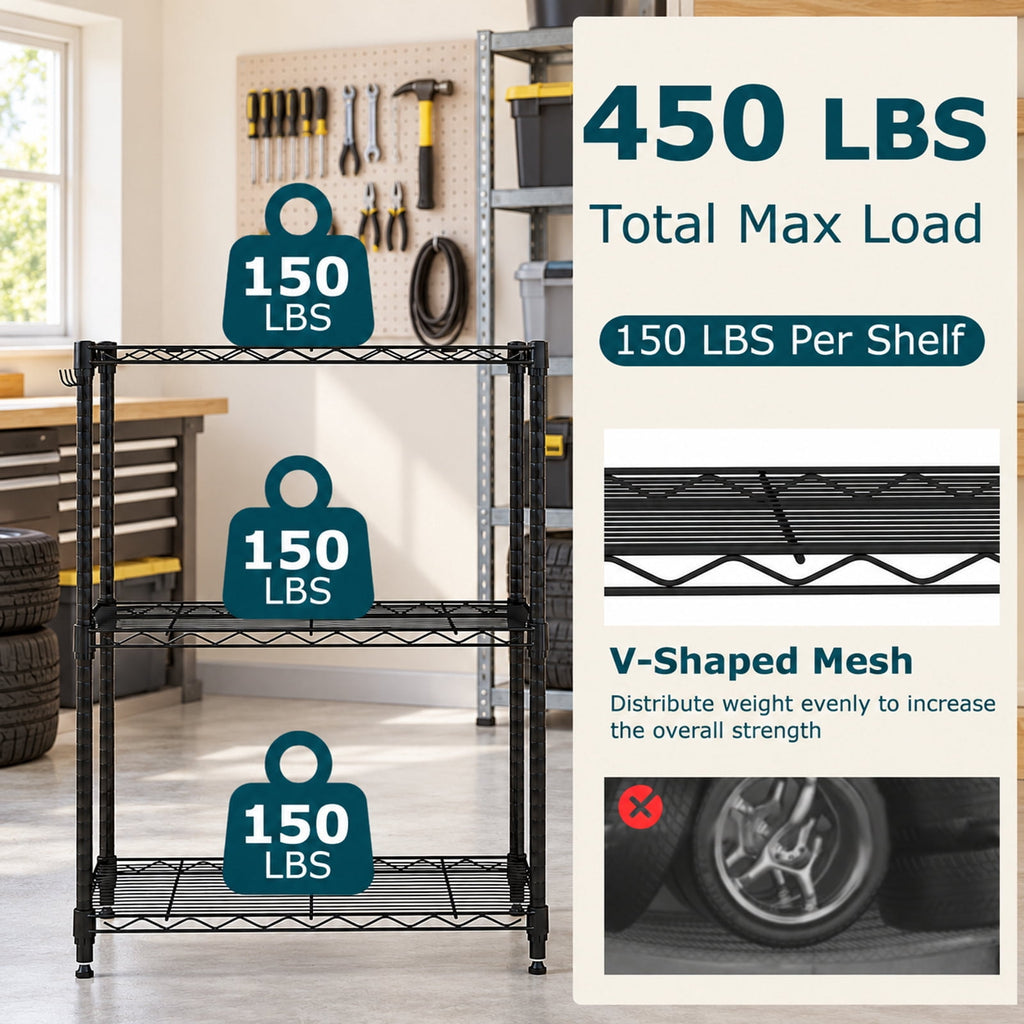 Airfind 3-Tier Metal Storage Shelving Unit Set of 2 with V-Shaped Wire Rack, 450 lbs Capacity, Metal Frame, Black