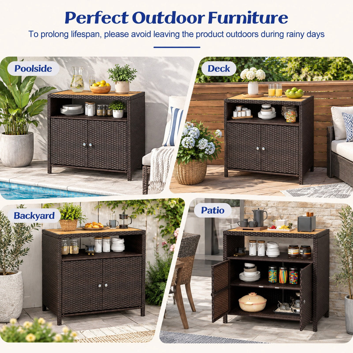 Airfind Rattan Storage Cabinet with Acacia Wood Countertop for Poolside Deck and Patio, 100 lbs Capacity, PE Rattan Acacia Wood Metal Frame, Brown