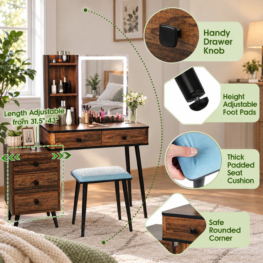 Airfind Vanity Makeup Table Set with Lighted Mirror, 330 lbs Capacity, MDF glass steel Frame, 31.5in x 15.5in x 51in Footprint, Brown