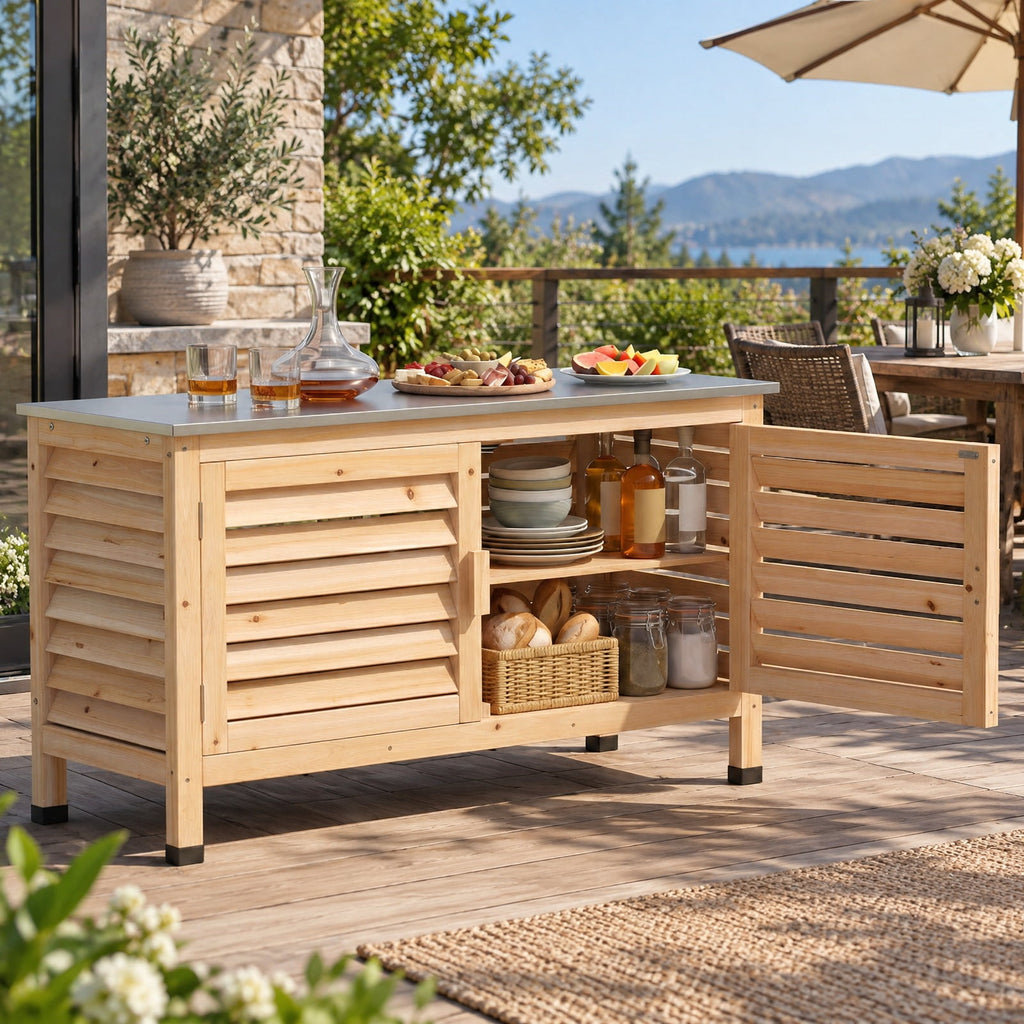 Airfind Patio Storage Cabinet with Stainless Steel Countertop and L-Shaped Shelf for Garden, 66 lbs Capacity, Fir Wood Stainless Steel Rubber Frame