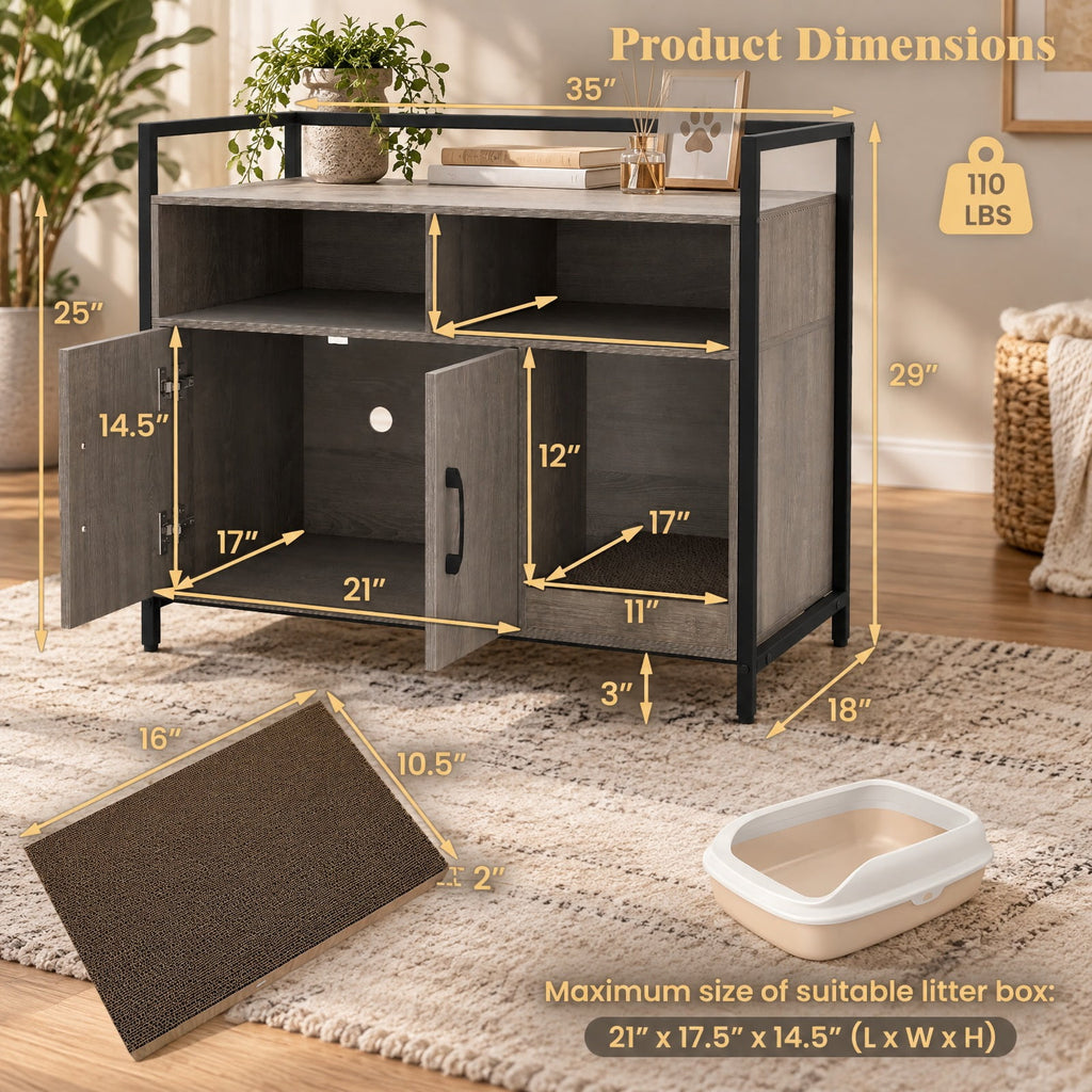 Airfind Hidden Cat Washroom with Double Doors and Scratch Cardboard, MDF Metal Frame, 35 x 17.5 x 29.5 Compartment Footprint, Oak
