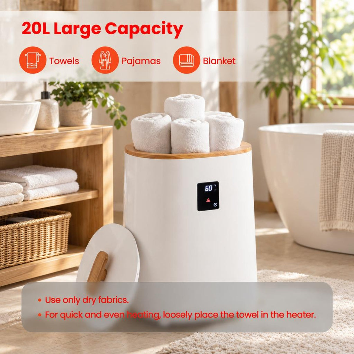 Airfind 18 L Large Blanket Towel Warmer with LED Display for Bathroom, PP Frame, 13 x 13 x 19.5 Footprint, White