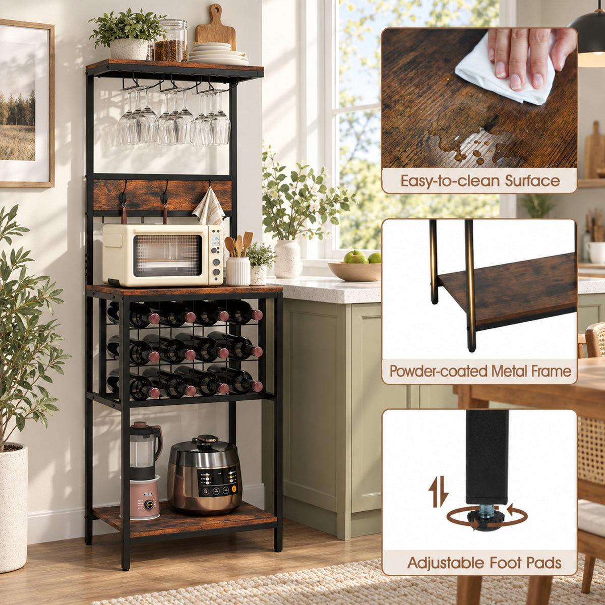 Airfind Freestanding Wine Rack Floor Wine Bar Cabinet with Glass Racks, 200 lbs Capacity, Engineered Wood Metal Frame, Brown