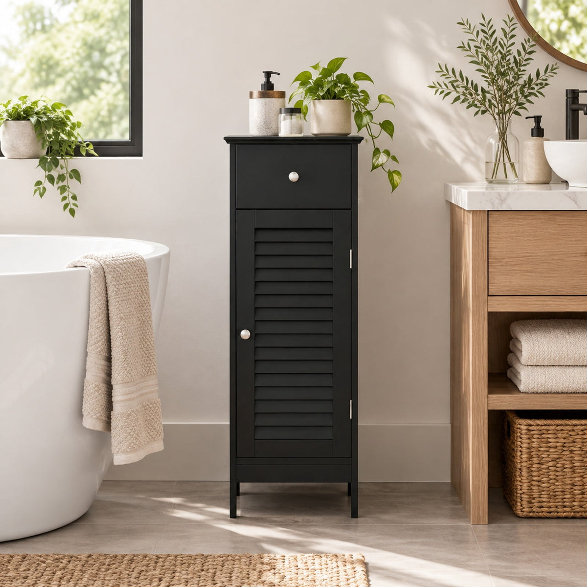Airfind Narrow Bathroom Storage Cabinet with Adjustable Shelf and Drawer, 13in x 12in x 34.5inOverall Interior Footprint, Black