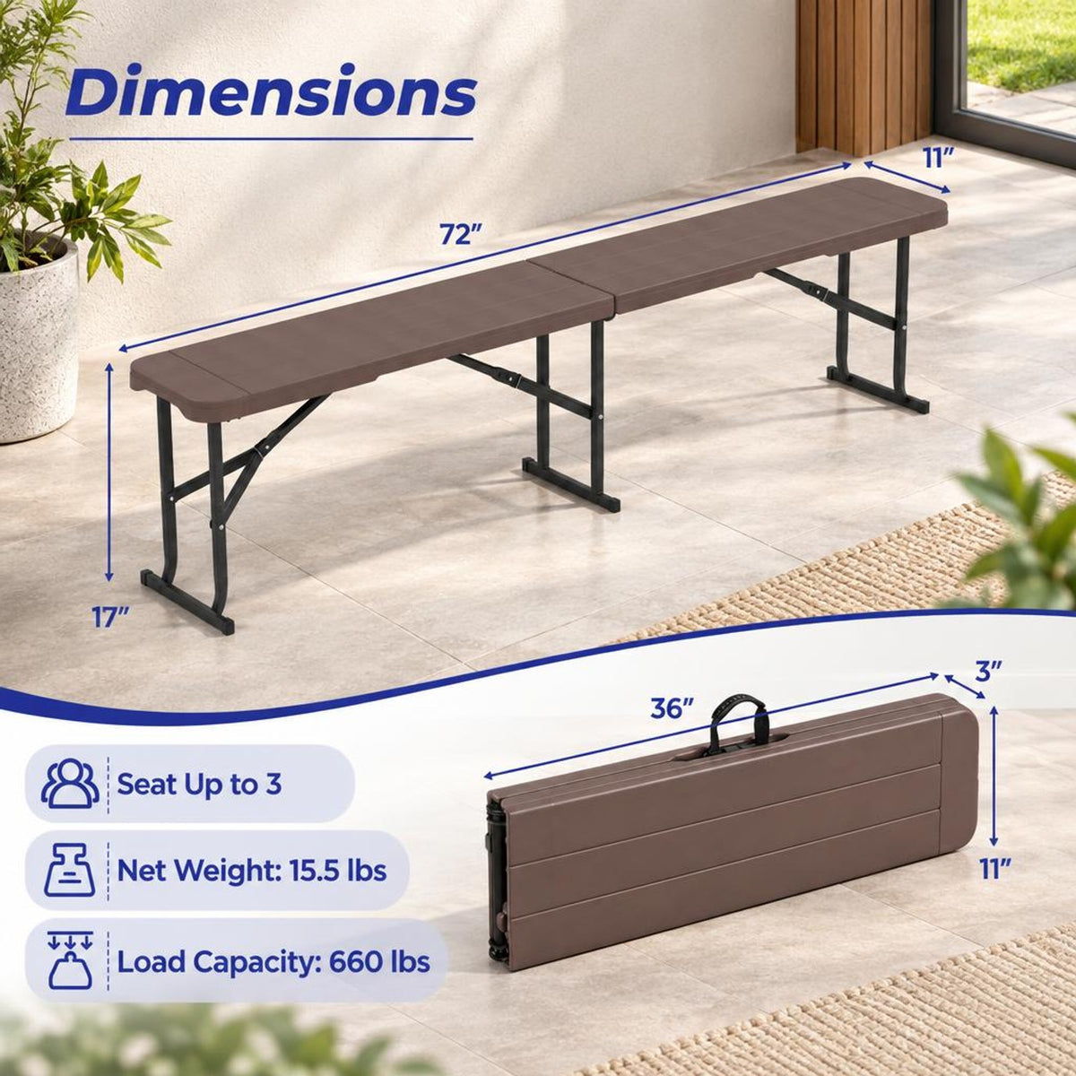 Airfind 6 Feet Plastic Folding Bench Picnic Camping Dining Seat with Carrying Handle, 660 lbs Capacity, Metal HDPE Frame, 72 x 11 x 17 Footprint