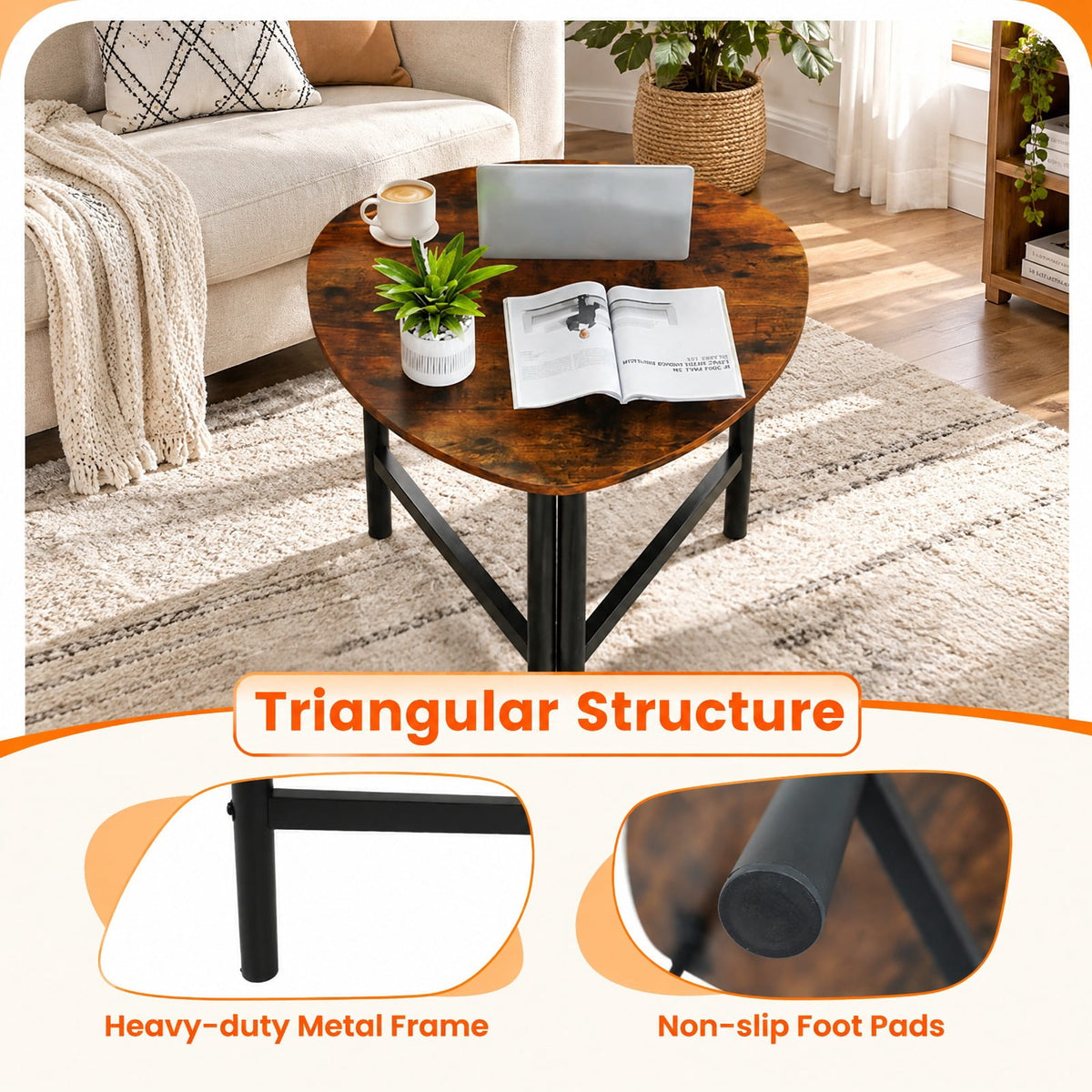 Airfind Set of 2 Triangle Coffee Table with Metal Legs, 132 lbs Capacity, Engineered Wood Metal Frame, Rustic Brown