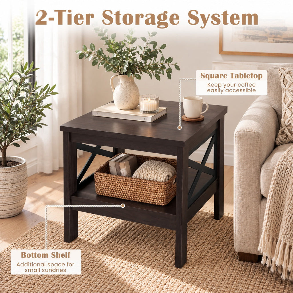 Airfind 2-Tier Square Side Table with Storage Shelf and X-Frame for Bedroom Living Room, 220 lbs Capacity, Engineered Wood MDF Frame, Brown