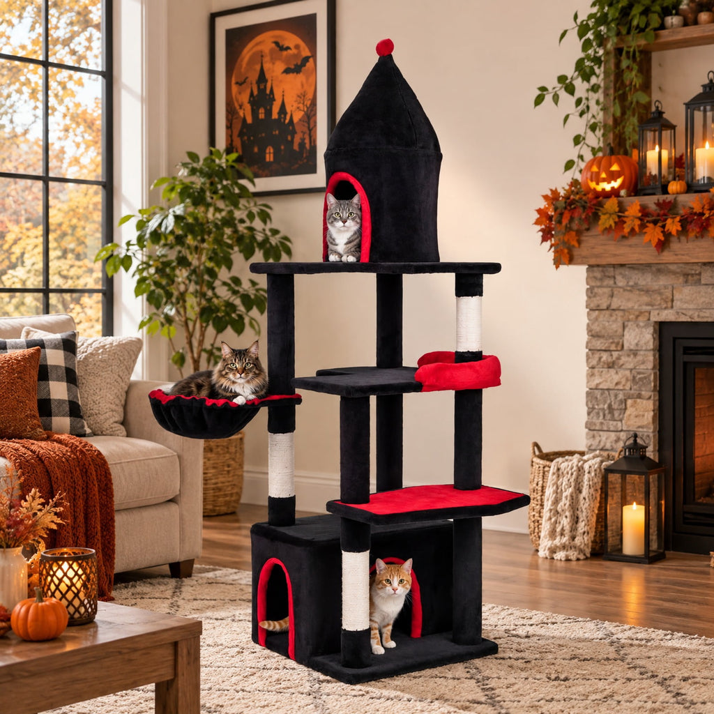 Airfind 63 Inch Gothic Cat Tree with Condo and Top Cave for Large Cats 20+ LBS, 22 lbs Capacity, Black