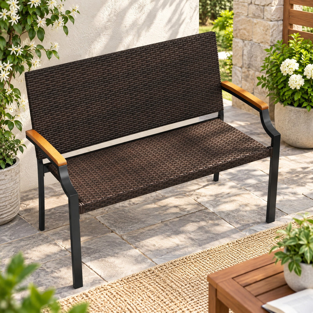 AIRFIND Patio Wicker Loveseat with Acacia Wood Armrests, Woven PE Rattan Seat, Metal Frame and Adjustable Front Feet, Mix Brown