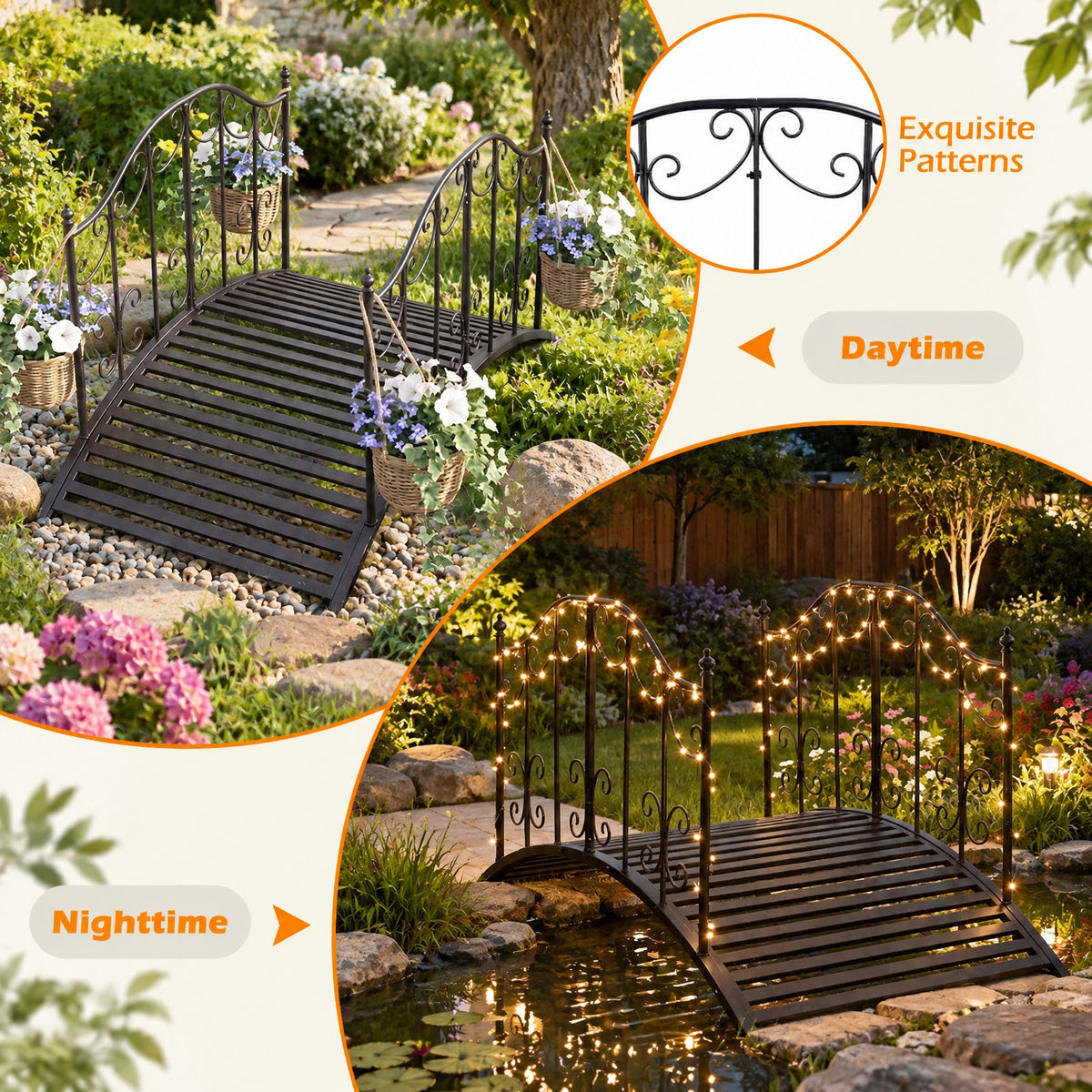 Airfind 3.9 ft Garden Metal Bridge with Dual Patterned Side Rails, 330 lbs Capacity, Metal Frame, 47 Inch x 27 Inch x 28 Inch Footprint, Black