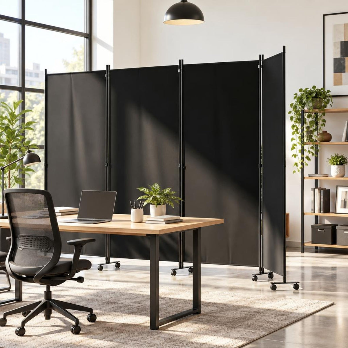 Airfind 4 Panel Folding Privacy Screen Room Divider with Wheels, Polyester Fabric Metal PP Frame, 137 x 12 x 71.5 Footprint, Black