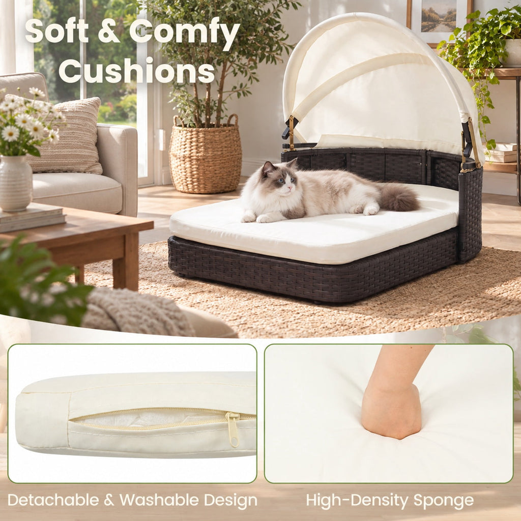 Airfind Handwoven Rattan Pet Daybed with 2 Detachable Soft Cushions for Small and Medium Dogs, 165 Lbs Capacity, PE Rattan Polyester Steel, White