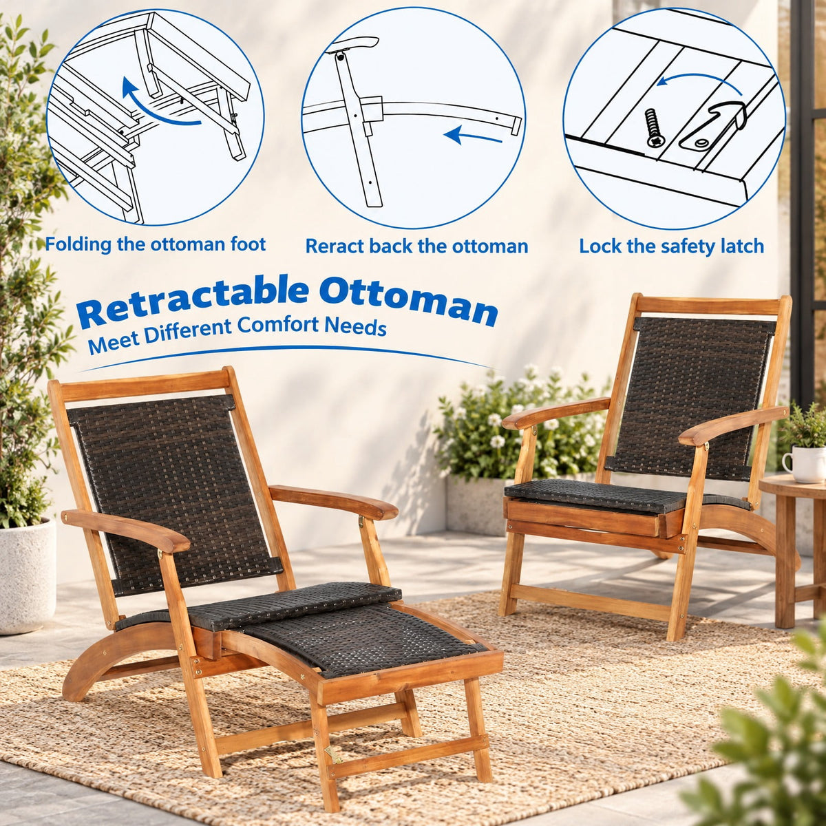 Airfind 2 Pieces Patio Rattan Folding Lounge Chair with Acacia Wood Table, Acacia Wood PE Rattan Steel Frame, 18 x 18 x 18 inch Footprint, Wood