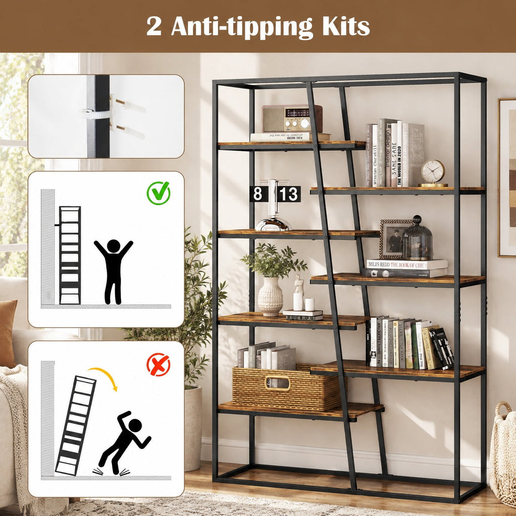 Airfind 71-Inch 7-Tier Industrial Etagere Bookcase with Heavy-duty Metal Frame, Engineered Wood Metal Frame, 45in x 16in x 71in Footprint, Brown