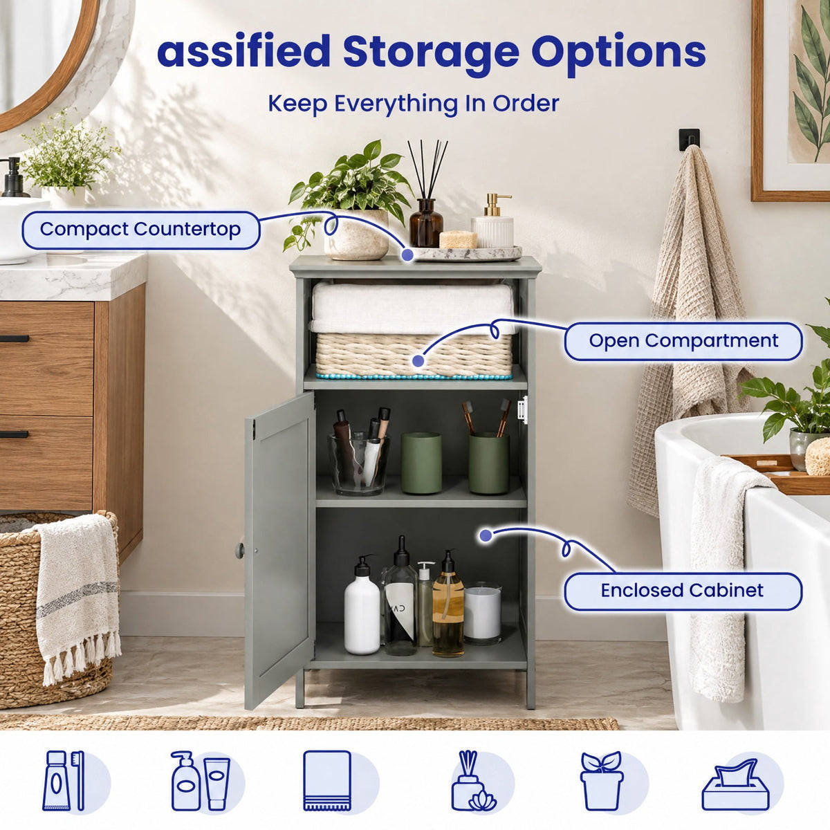 Airfind Bathroom Freestanding Adjustable Shelf Floor Storage Cabinet, MDF Frame, 16 Inch x 12 Inch x 27.5 Inch Footprint, Gray