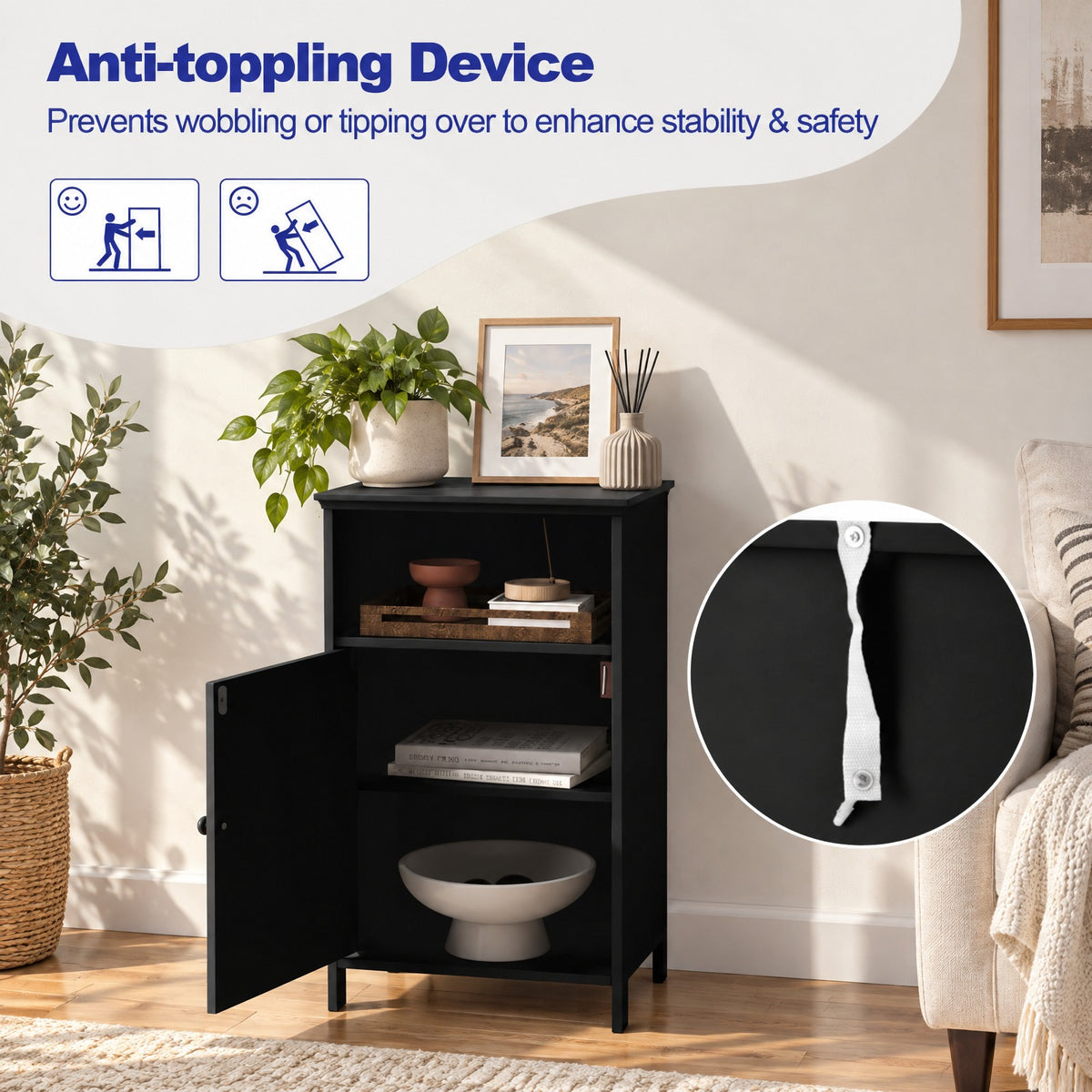 Airfind Bathroom Freestanding Floor Storage, Cabinet with Adjustable Shelf, MDF Frame, 16 Inch x 12 Inch x 27.5 Inch Footprint, Black