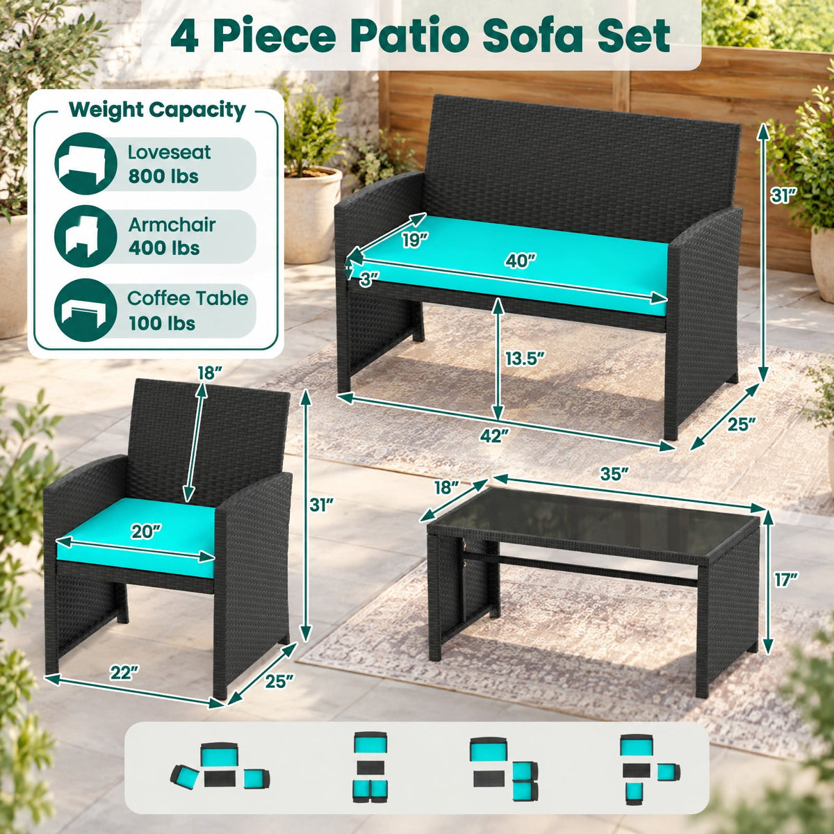 Airfind 4 Pieces Patio Furniture Set with Tempered Glass Tabletop and Removable Cushion, 400 lbs Capacity, Rattan Steel Sponge Frame, Turquoise