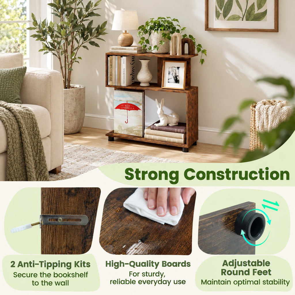 Airfind 3-Tier Modern S-shaped Bookshelf with Adjustable Feet, 135 lbs Capacity, Engineered Wood Frame, Brown
