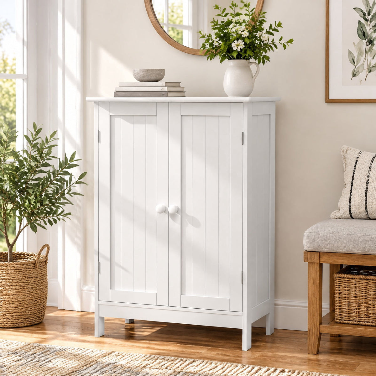 Airfind Bathroom Floor Storage Double Door Cupboard Cabinet, 22 lbs Capacity, MDF Frame, 24in x 14in x 34.5in Footprint, White