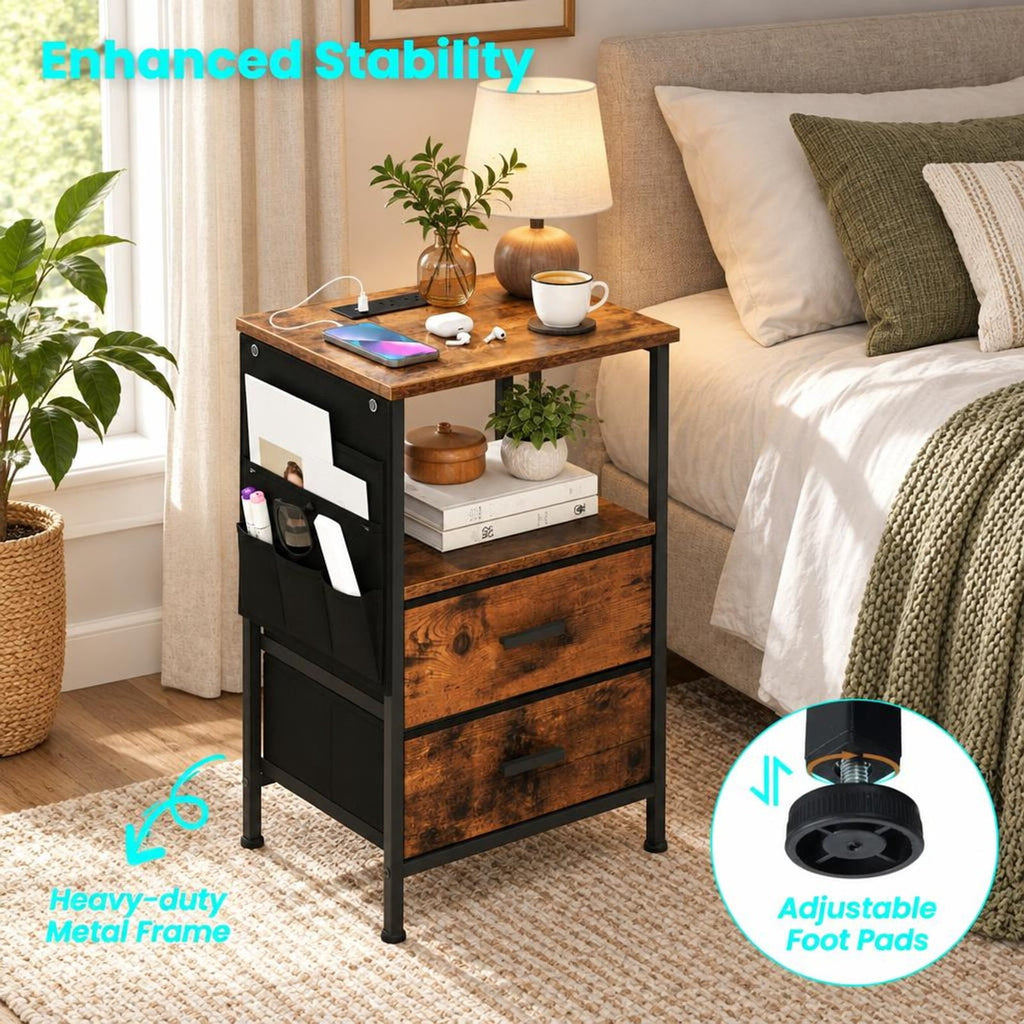 Airfind End Table with Charging Station Set of 1 Nightstand with 2 Folding Fabric Drawers, 110 lbs Capacity, Rustic Brown + Black