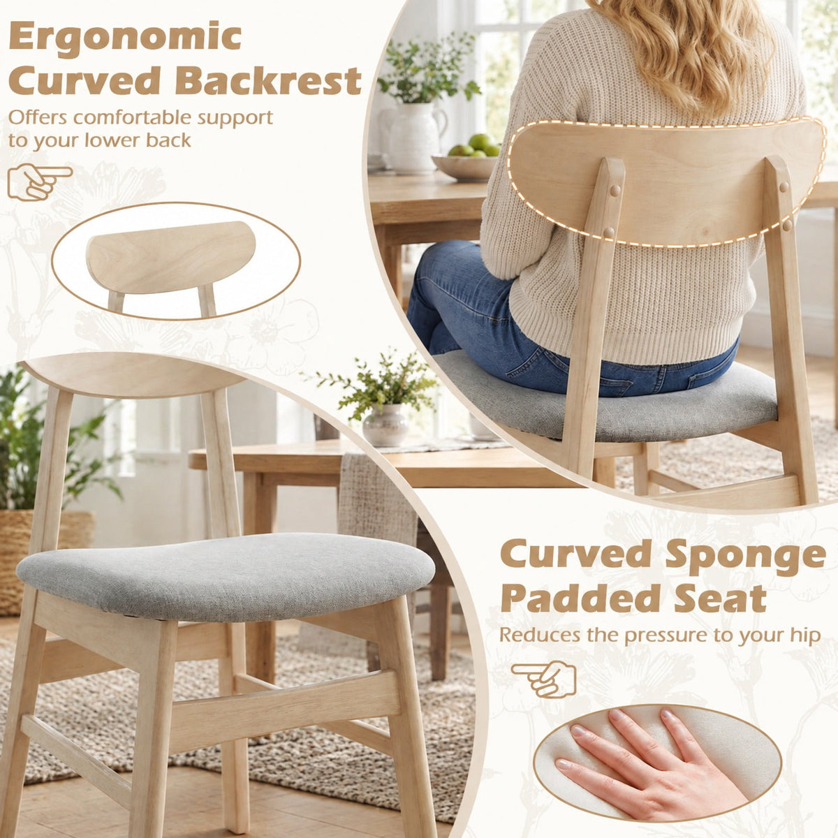 Airfind Dining Chair Set of 2 Fabric Upholstered Kitchen Armless Chairs, 330 lbs Capacity, Rubber Wood Polyester Fabric Sponge LVL Frame, Natural