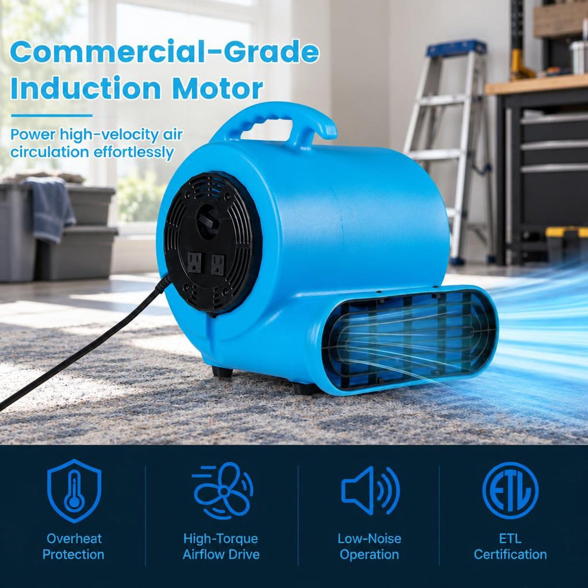 Airfind 1/3 HP Air Mover 3-Speed 1000 CFM Commercial Blower Fan, Polypropylene Frame, 12.2 x 11 x 13 Length of Footprint, Blue