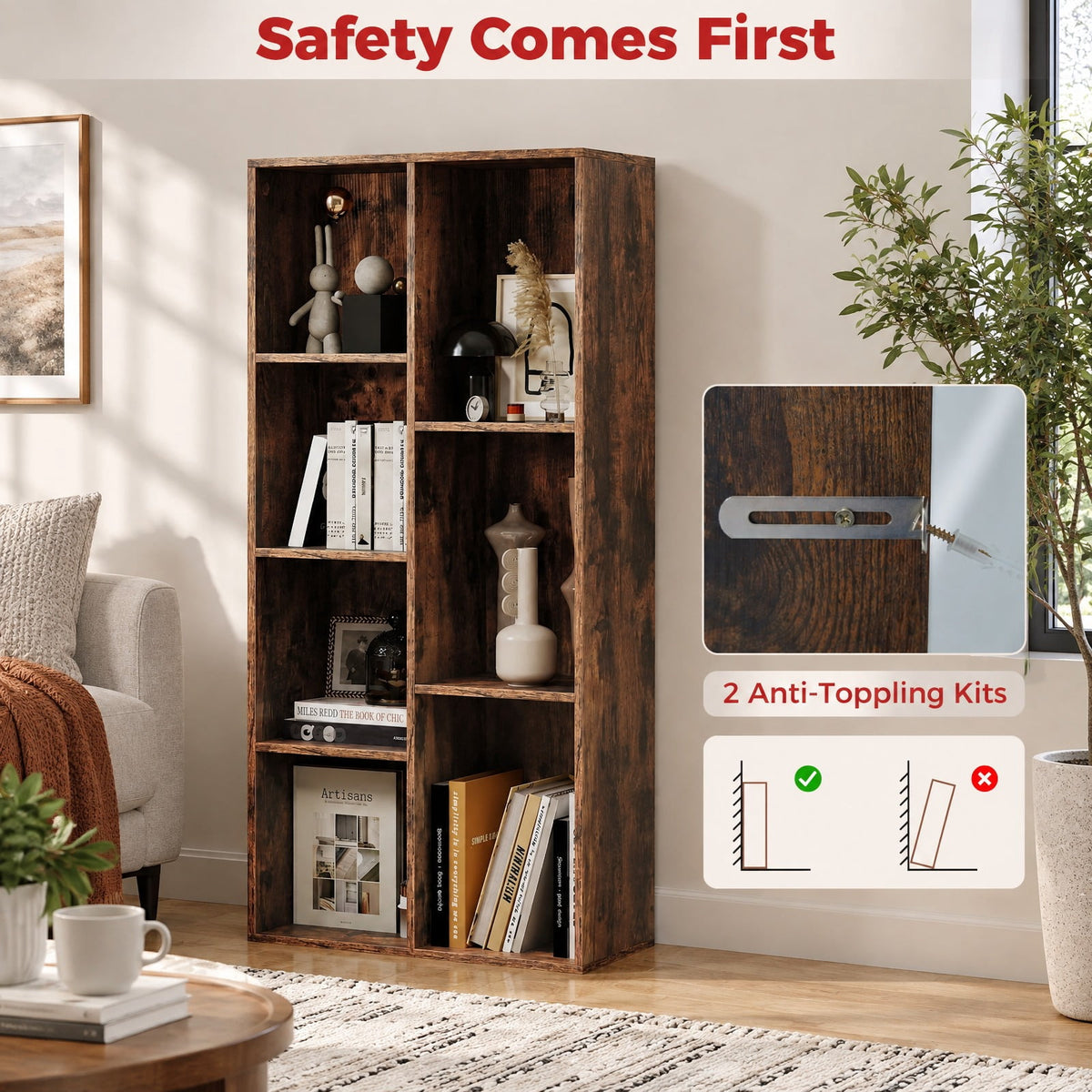 Airfind Vertical or Horizontal Freestanding Bookshelf with 7 Compartments, 176 lbs Capacity, Engineered Wood MDF Frame, 19.5 x 9 x 42 Footprint