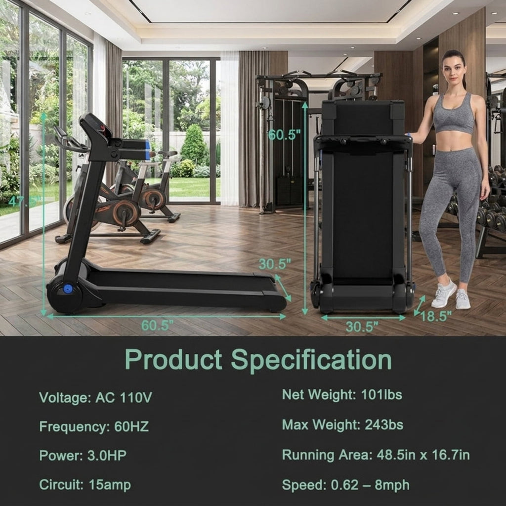 Airfind 3HP Folding Cardio Treadmill with Audio Console, Blue