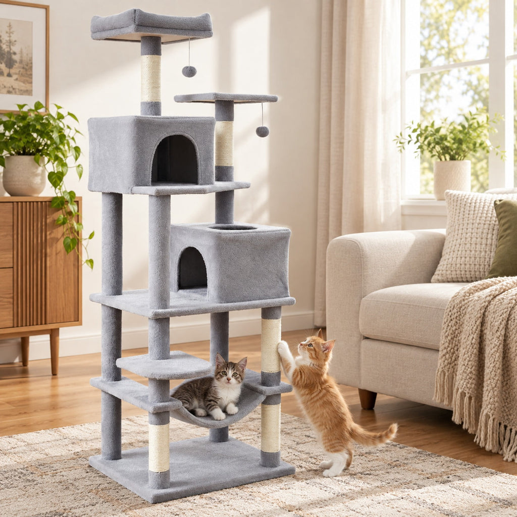 Airfind Multi-level Cat Tree Modern Cat Tower with Upholstered Perch and 2 Cat Condo, 24 x 18.5 Footprint, Gray