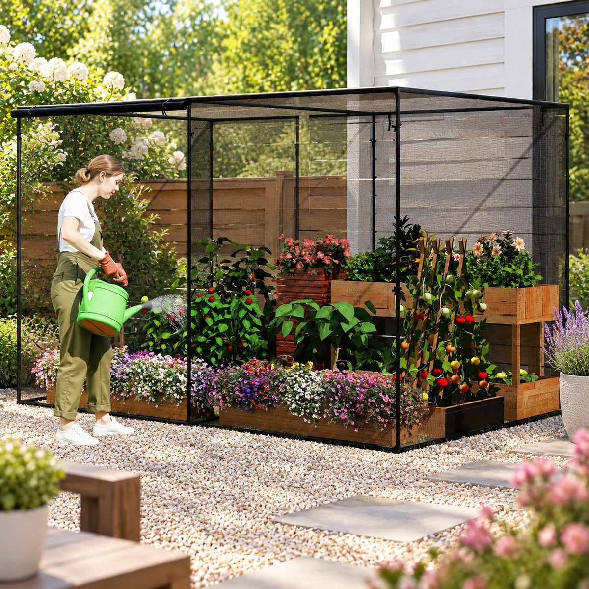 AIRFIND Garden Plant Cage 10 x 6.5 x 6.5 ft, Walk-In Crop Protection Enclosure with Mesh Netting, Zippered Roll-Up Doors and Carry Bag, Black