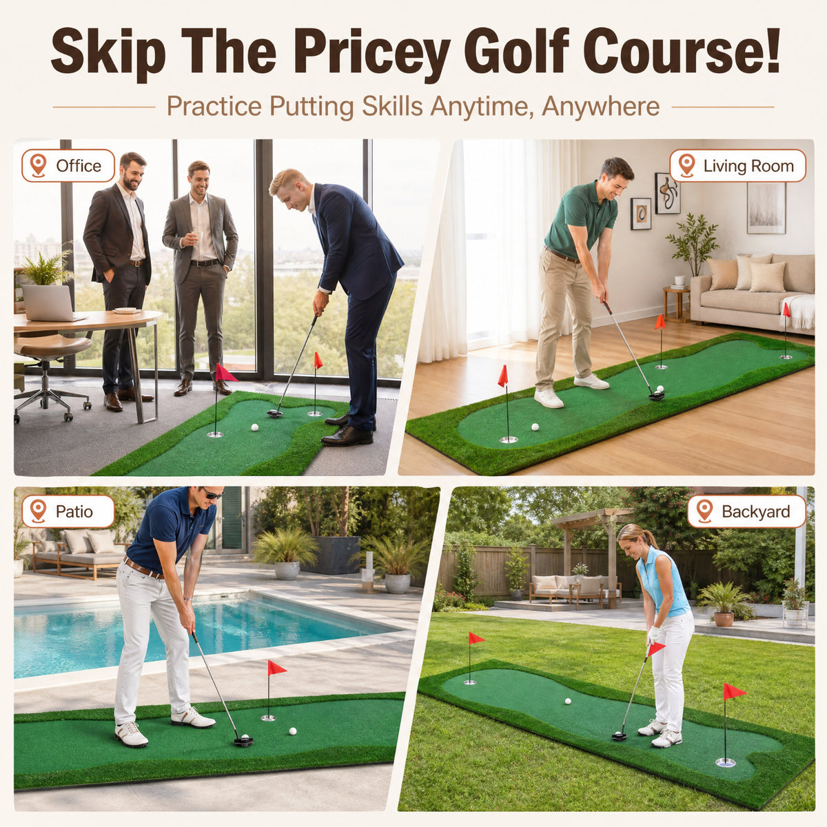 Airfind 10 x 3.3 FT Golf Putting Green with Realistic Artificial Grass Turf, Practice Putting Green Mat with 3 Holes for Indoor Outdoor Backyard