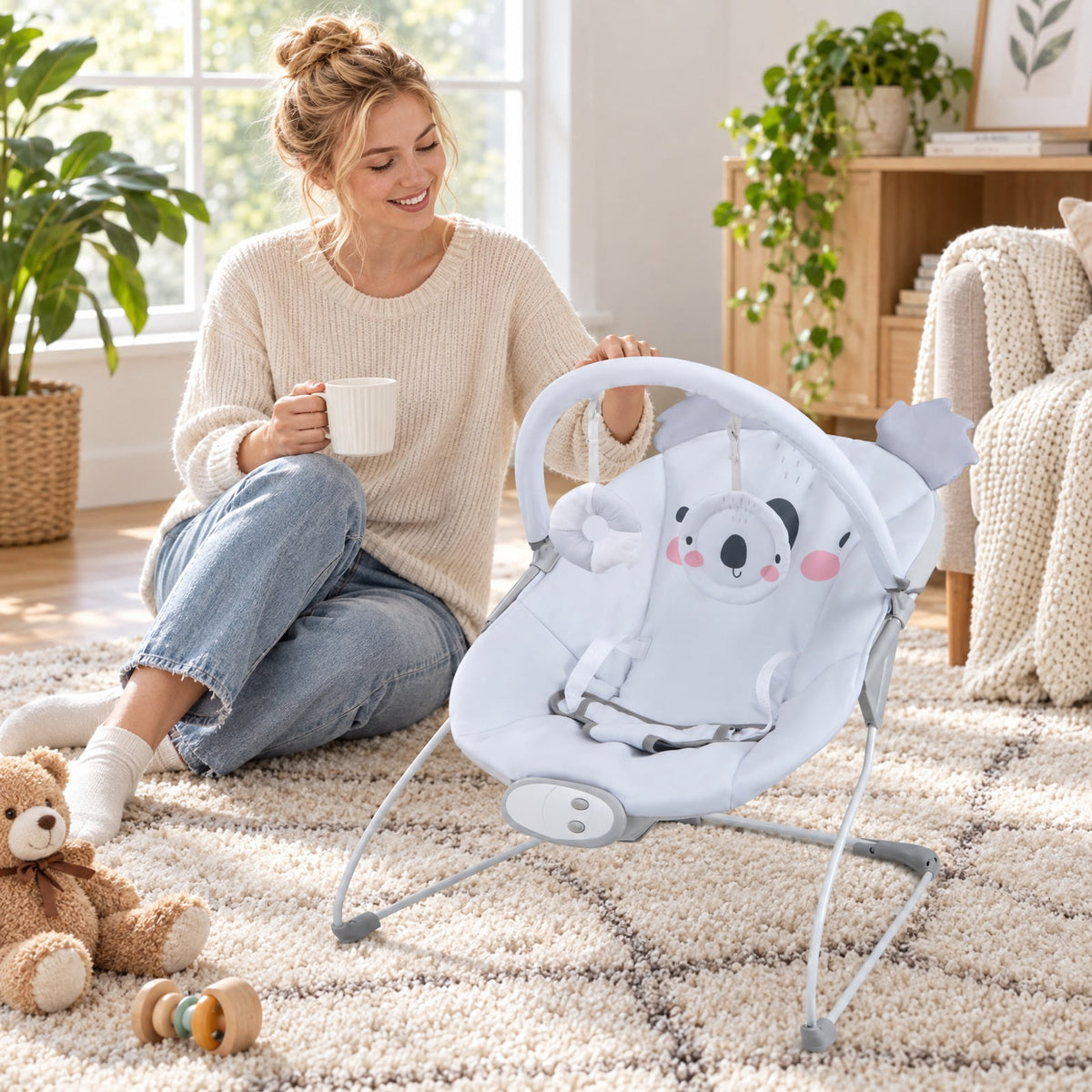 Airfind Portable Youth Bouncer Rocker Seat featuring Detachable Toy Bar, 20 lbs Capacity, Peach Velvet Fabric Polyester Metal ABS TPE Frame, Gray
