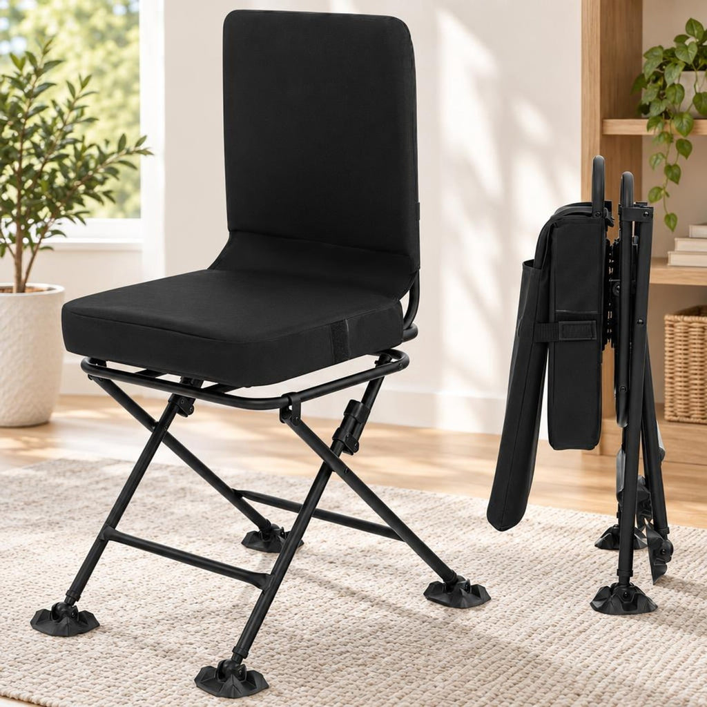 Airfind Swivel Folding Chair with Backrest and Padded Cushion, Sponge Steel Oxford Fabric PVC Frame, 19 Inch x 22 Inch x 35 Inch Footprint, Black
