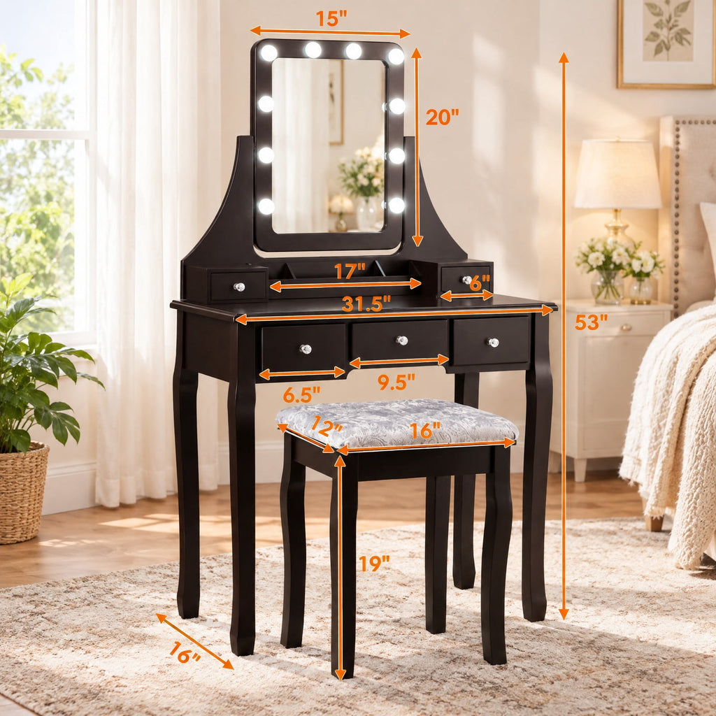 Airfind Vanity Dressing Table featuring 10 Dimmable Bulbs and Cushioned Stool, 220 lbs Capacity, MDF Pine Frame, 31.5 Inch x 16 Inch x 53 Inch Footprint, Brown