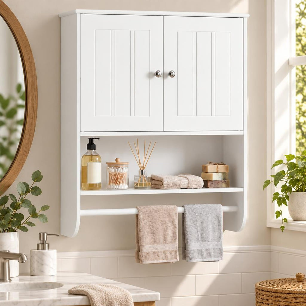 Airfind Bathroom Wall Cabinet with Towel Bar and Open Shelf and Adjustable Shelf, MDF Frame, 23.5in x 8in x 27.5in Footprint, White