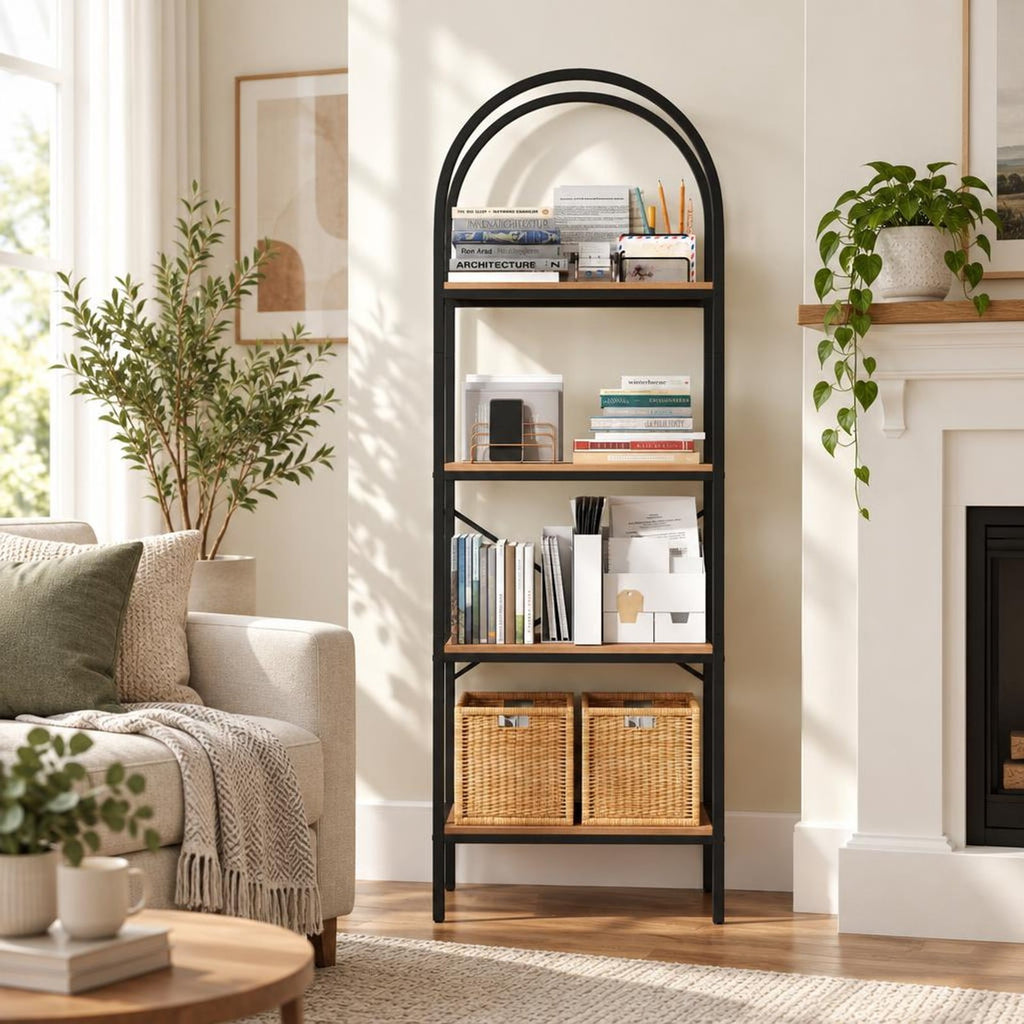 Airfind 71 Inch Tall Arched Bookcase 4-Tier with Storage Shelves and Metal Frame for Home Office-Brown and Black, 44 lbs Capacity, Metal Frame, Brown