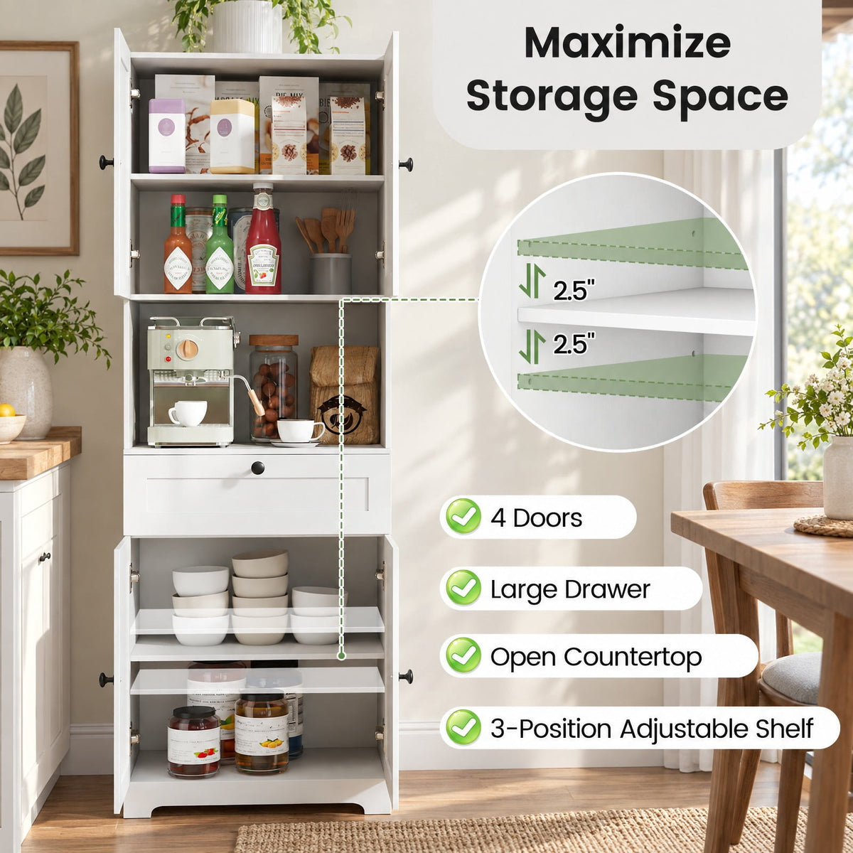 Airfind 67.5 Inch Tall Modern Freestanding Floor Storage Cabinet with 4 Doors and 1 Drawer, 243 lbs Capacity, MDF Engineered Wood Frame, White