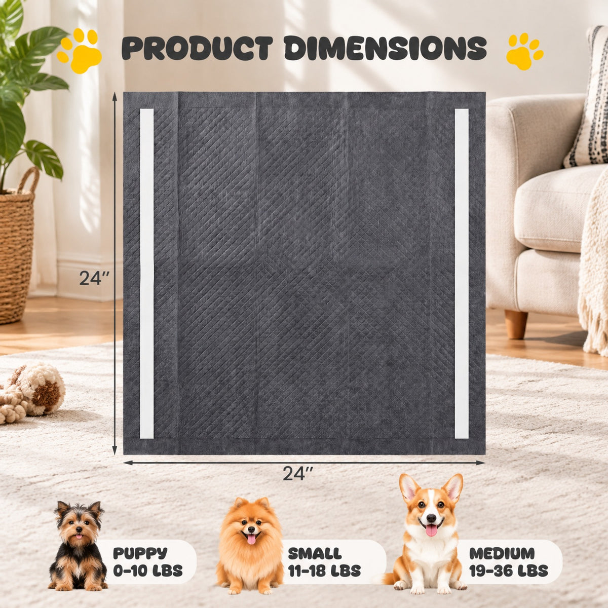 Airfind 24 Inch x 24 Inch Charcoal Dog Pee Pads 6-Layer for Dogs, Non-woven Fabric Fluffy Pulp PE Film Absorbent Tissue Pee Frame, Black