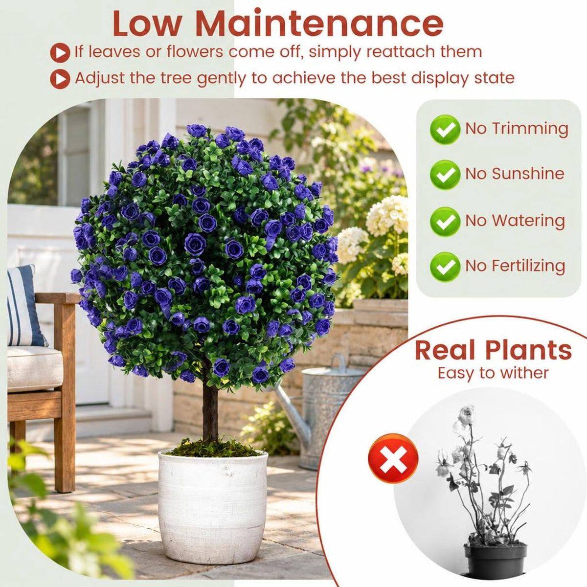 Airfind 22 Inch Set of 2 Artificial Purple Rose Topiary Ball Trees with Cement-Filled Pot, PE PP Cement Overall Height 22 Inch, Purple