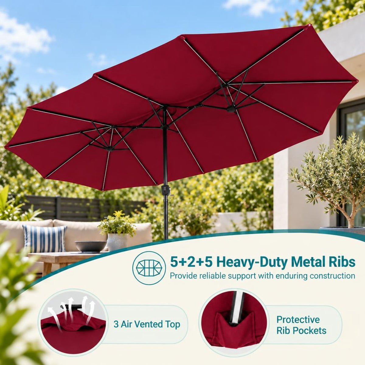Airfind 15.5FT Extra-Large Patio Umbrella with Base 12 Reinforced Ribs, 180G Polyester Fabric Metal External Frame, Red
