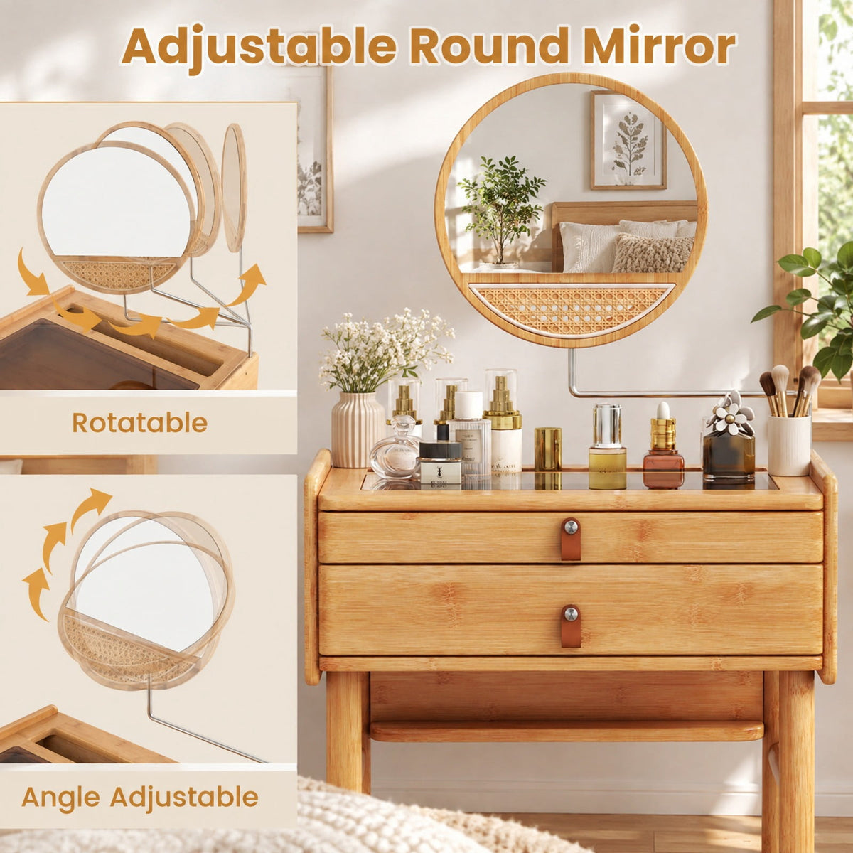 Airfind Bamboo Makeup Vanity Table with Mirror with 2 Storage Drawers, 22 lbs Capacity, Bamboo Glass Stainless Steel Frame, Natural