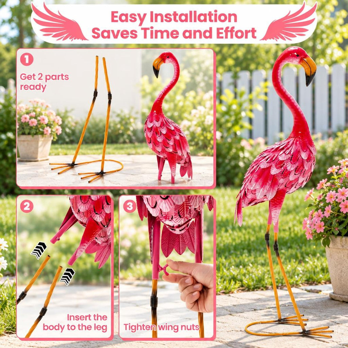 Airfind 2-Piece Flamingo Garden Statue Set, Metal Frame, 7.9 x 10.6 x 35 Footprint, 2 standing lawn sculptures in total
