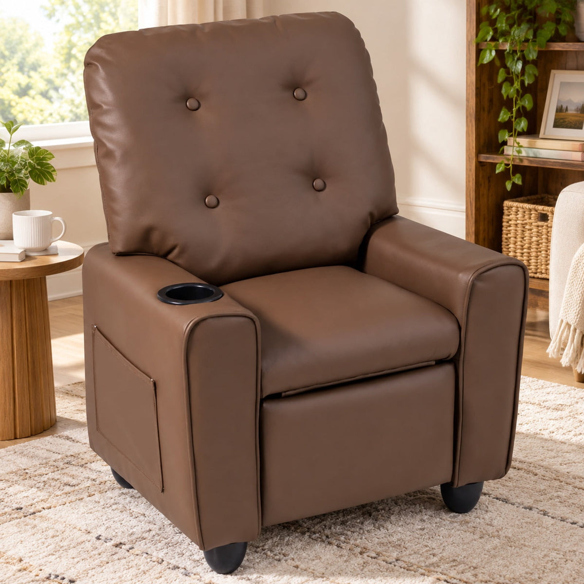 Airfind Youth Recliner Chair with Cup Holder, Side Pocket and Push-back Footrest, PU Upholstery, 24 x 21 x 30 in for Everyday Use, Brown