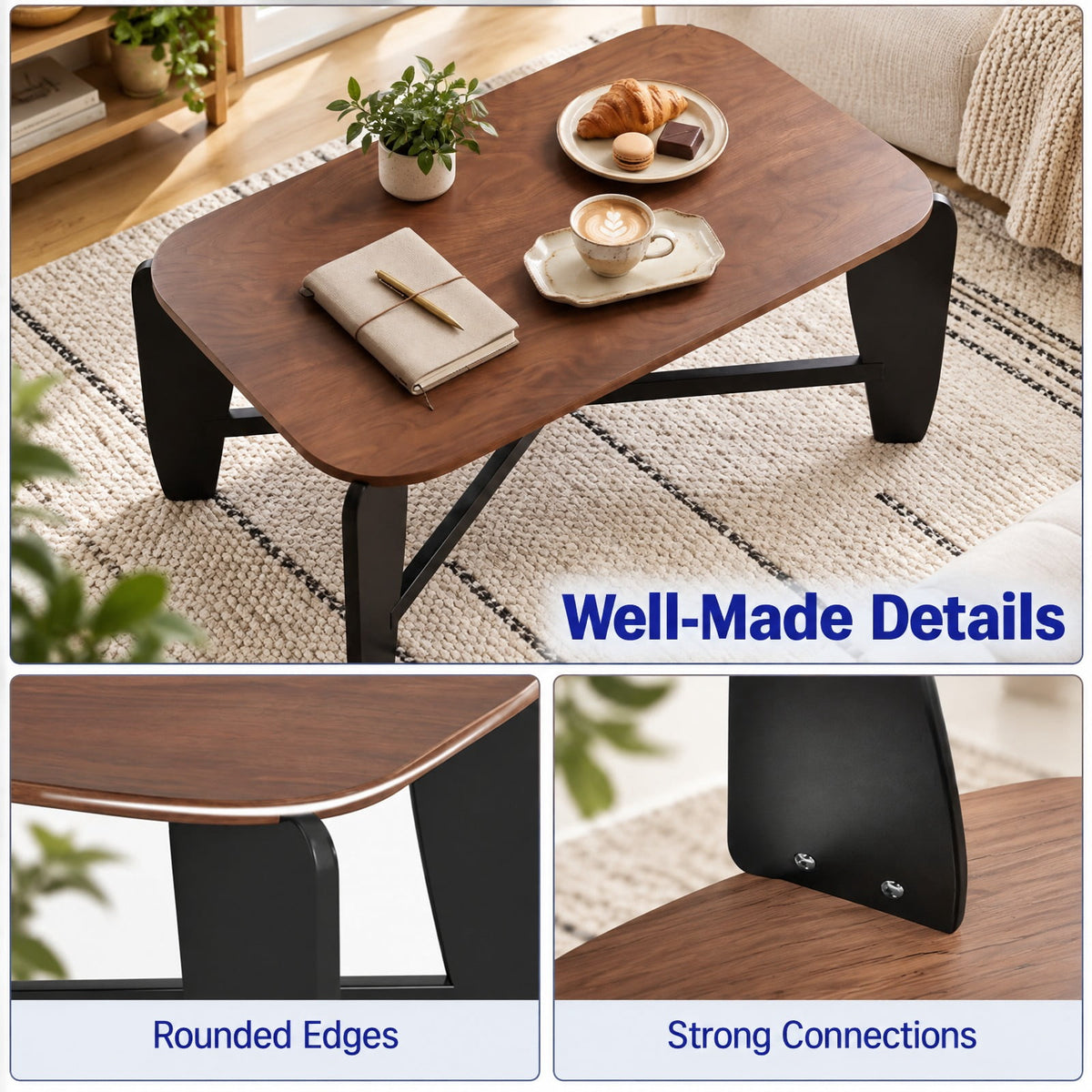 Airfind Modern Coffee Table with Rubber Wood Cross-Leg Base Rectangular Center Table, Walnut, Dimensions 35.5 x 22 x 15Ground Clear