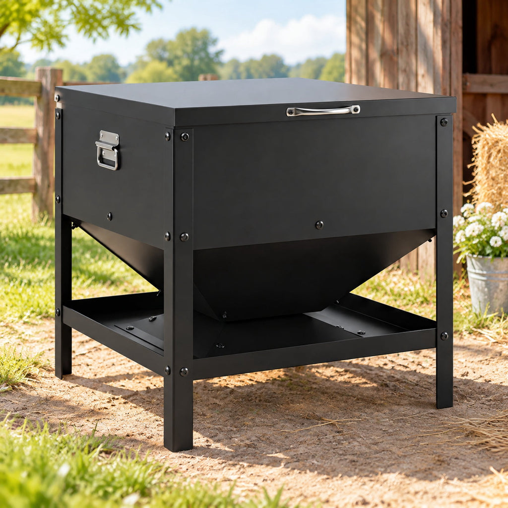 Airfind Large Capacity Chicken Feeding Box with Openable Lid, Galvanized Metal Stainless Steel for Convenient Everyday Use, Black