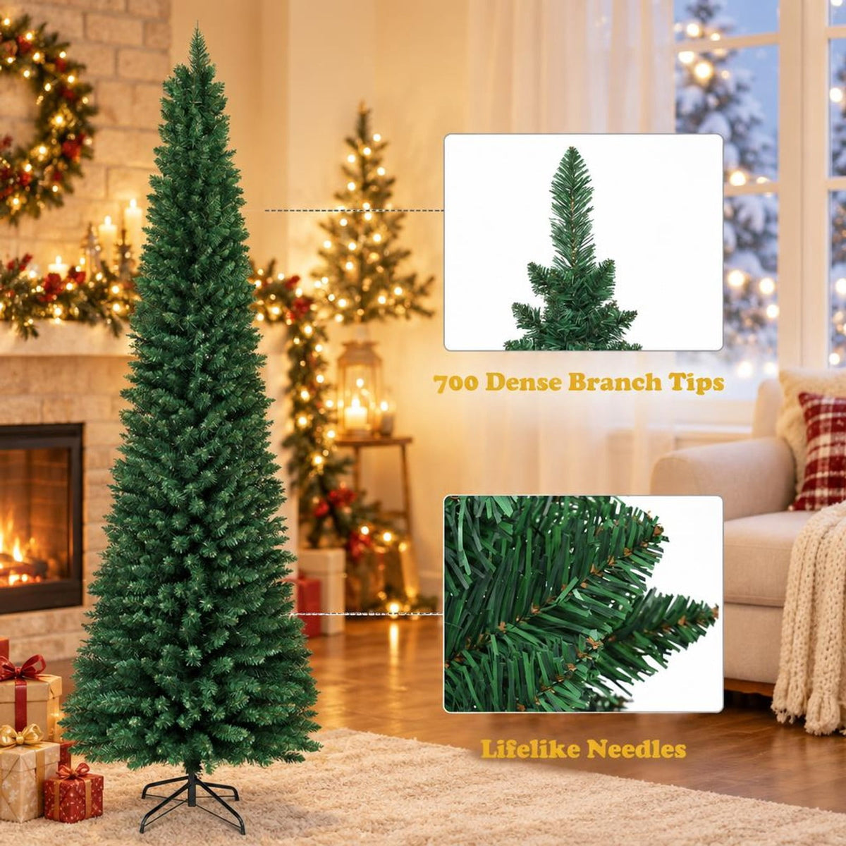 Airfind PVC Artificial Slim Pencil Christmas Tree-7 Feet, PVC iron 5 Ft: Frame, 2ft x 5ft Footprint, Green