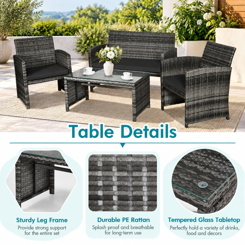 Airfind 4 Pieces Patio Rattan Furniture Set with Glass Table and Loveseat, PE Rattan Polyester Fiber Steel Sponge Single Sofa Frame, Black