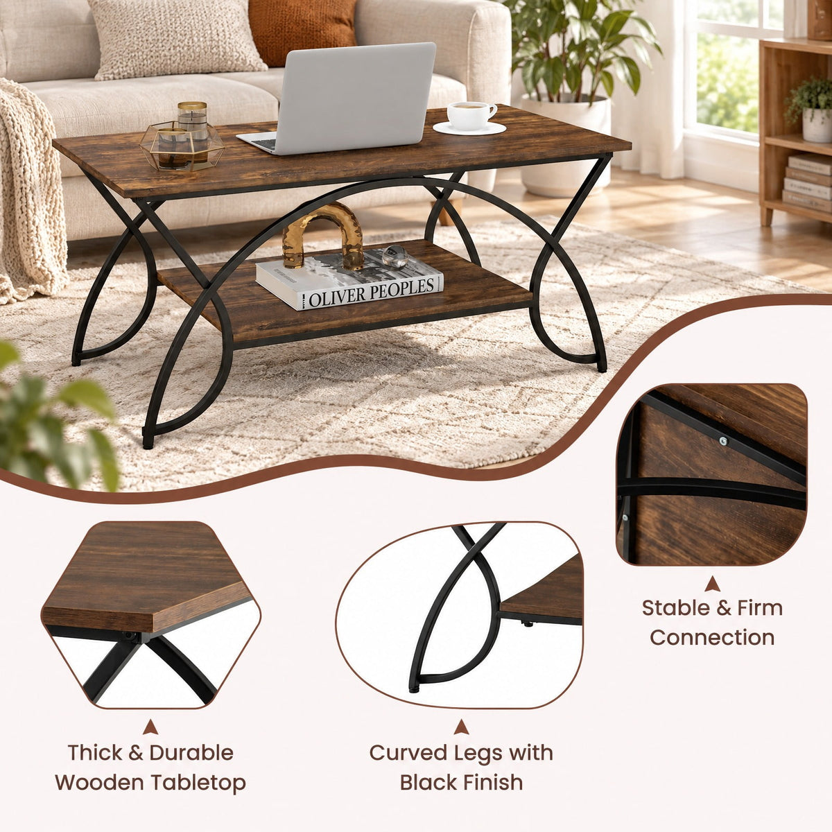 Airfind 2-Tier wood grain Coffee Table with wood grain top and Metal Frame, 110 lbs Capacity, Engineered wood steel Frame, Coffee