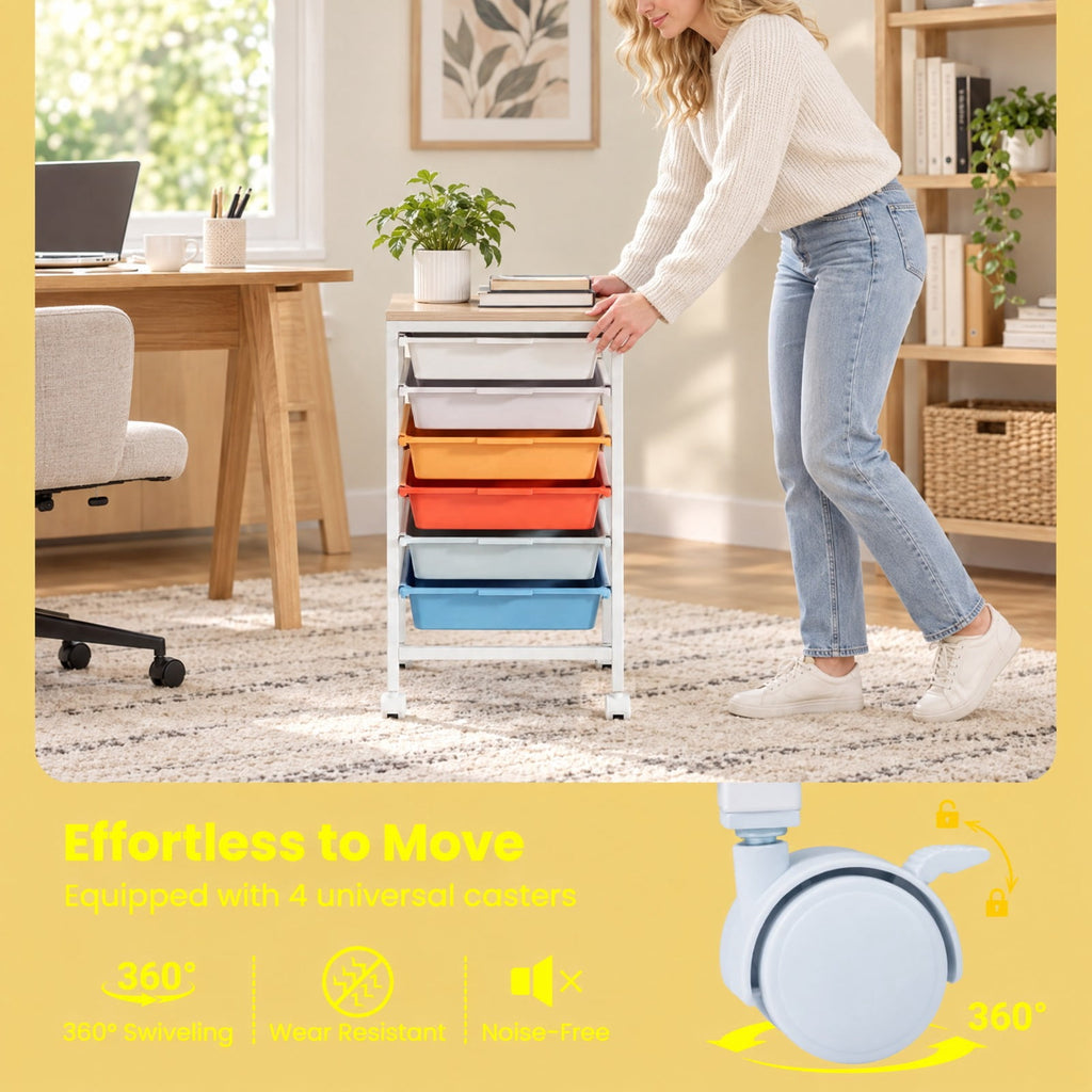Airfind 6-Drawer Rolling Storage Cart with Wooden Tabletop, 35 lbs Capacity, MDF PP Metal, 14.5 Inch x 13 Inch x 22.5 Inch , Natural + White